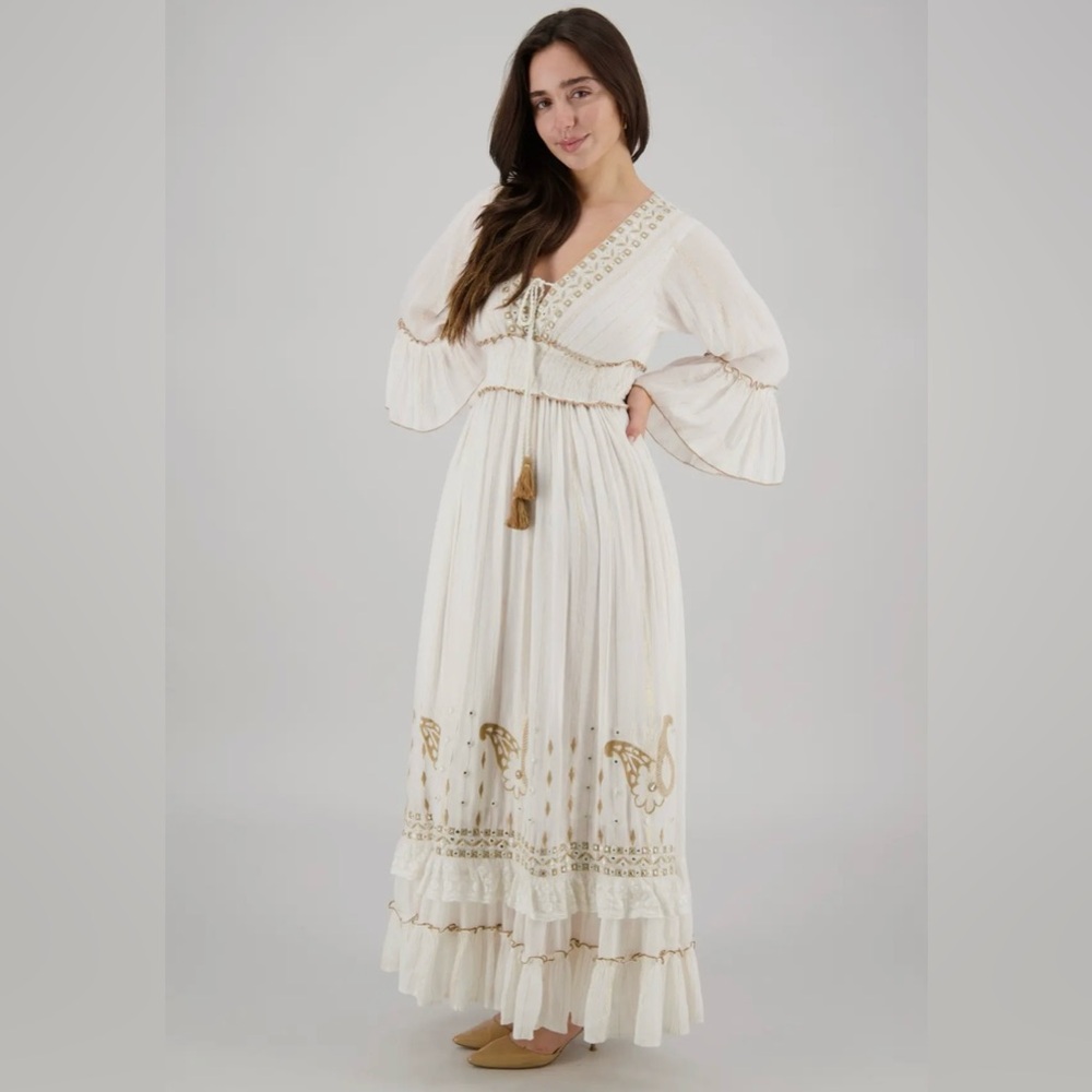 Cream Boho Ruffled Tiered Maxi Sundress with Bell Sleeves 25108 - Picture 2 of 4